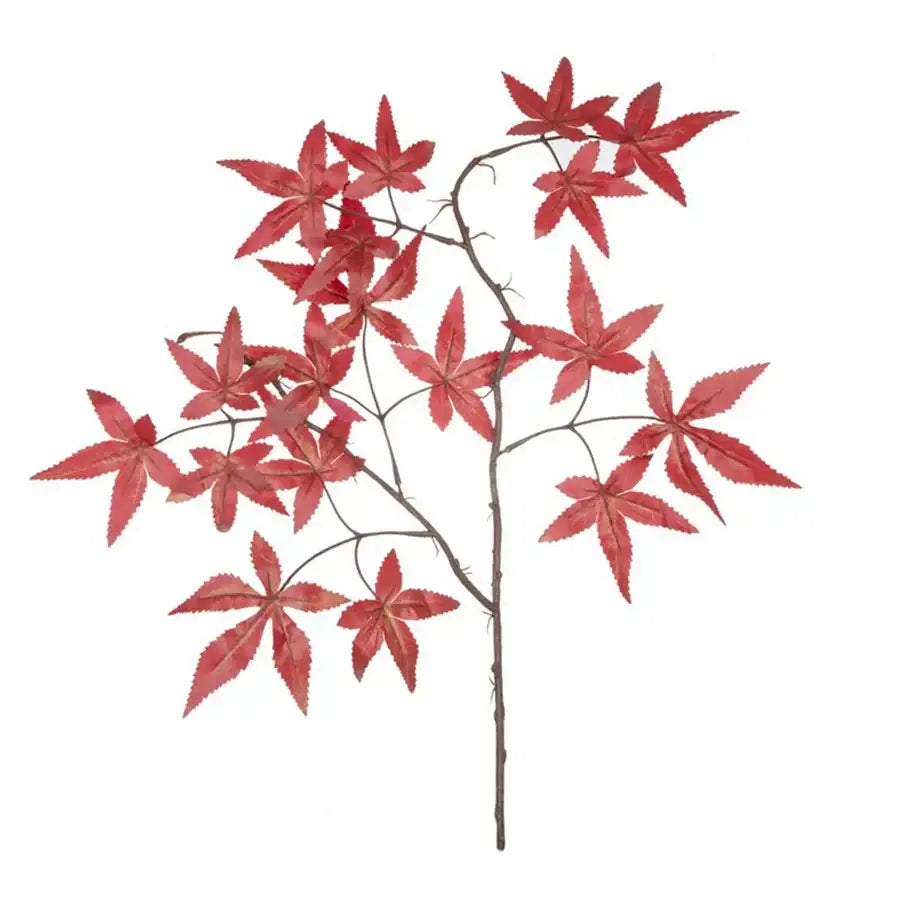 DecorBites artificial maple leaf bouquet featuring vibrant red glossy foliage and slender brown stems for decor