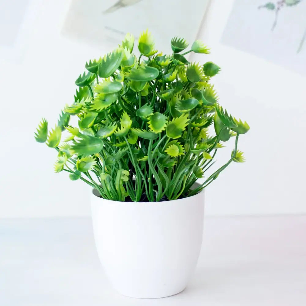 DecorBites artificial mini plant bonsai with spiky green leaves in white ceramic pot for desktop decor