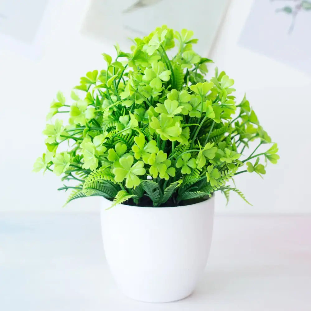 Decorbites artificial mini vibrant lime-green artificial mini plant bonsai with clover leaves in white ceramic pot