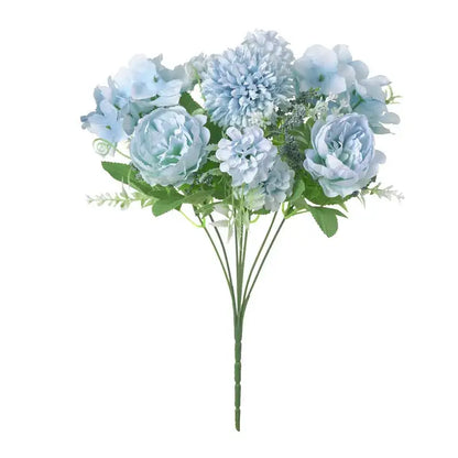 Delicate decorbites artificial peony flower bouquet in light blue with green stems for wedding party and home decoration