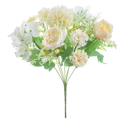 Decorbites artificial peony flower bouquet featuring white and cream synthetic blooms with green foliage for decoration