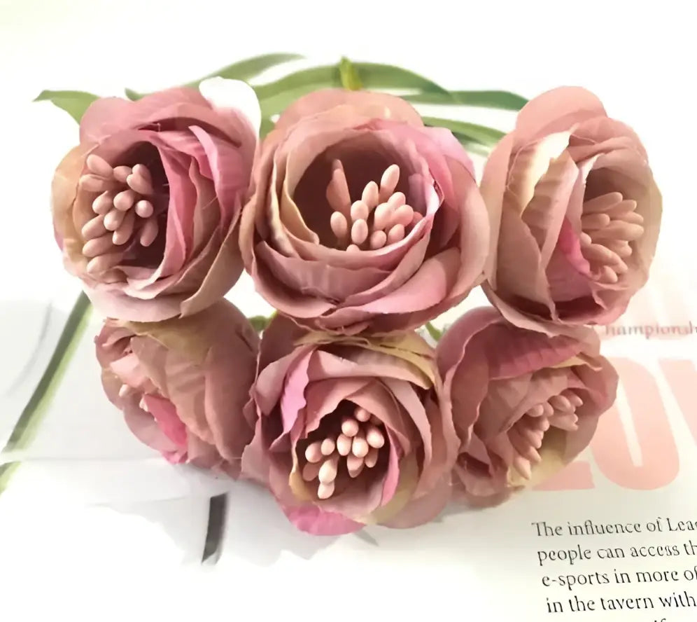 A bouquet of decorbites artificial peony tea soft pink silk flowers with layered petals and green stems for home and wedding decor