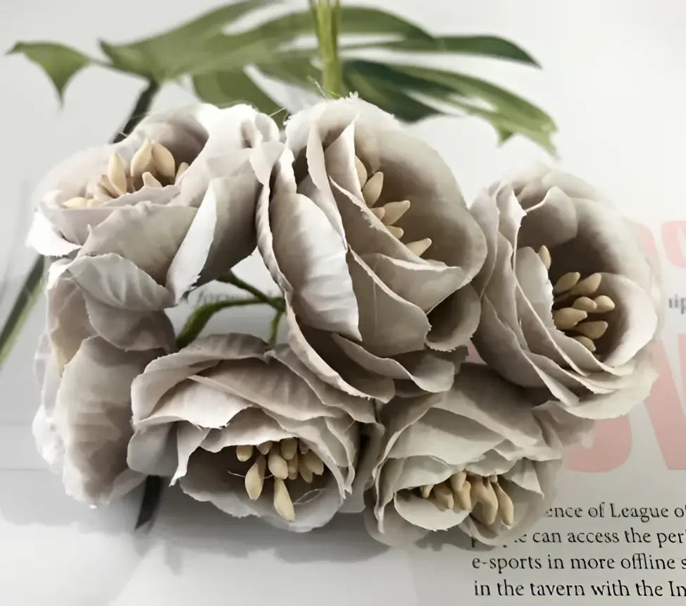 A cluster of decorbites artificial peony gray fabric flowers with layered petals and beige stamens for home garden wedding