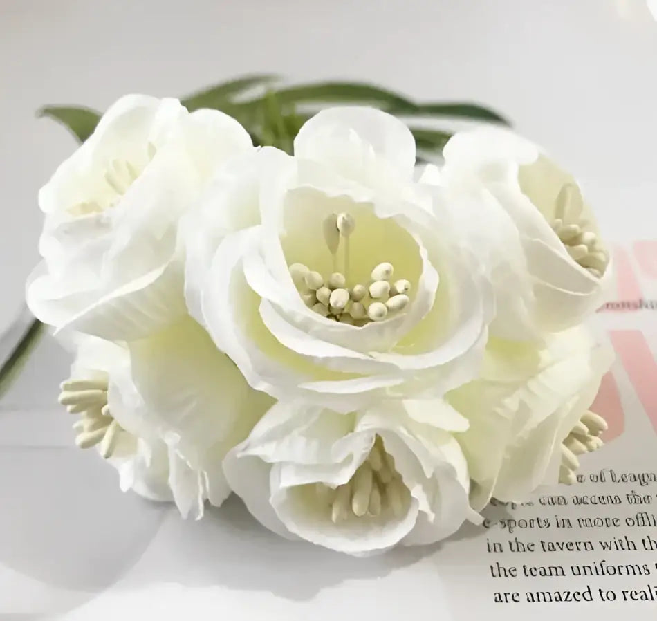 A cluster of decorbites artificial peony tea white silk flowers with layered petals and soft yellowish centers for home decor
