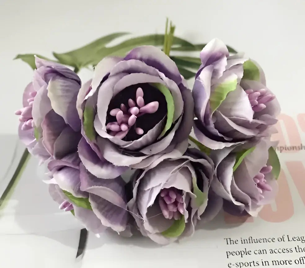 A delicate decorbites artificial peony tea bouquet with lavender silk roses and subtle green stems for home decor