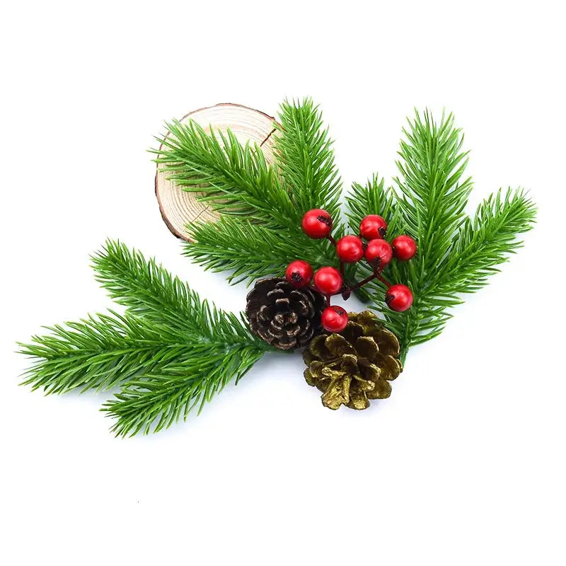 DecorBites™ artificial pine needle plants featuring green pine needles, red berries, and decorative pinecones for Christmas decor