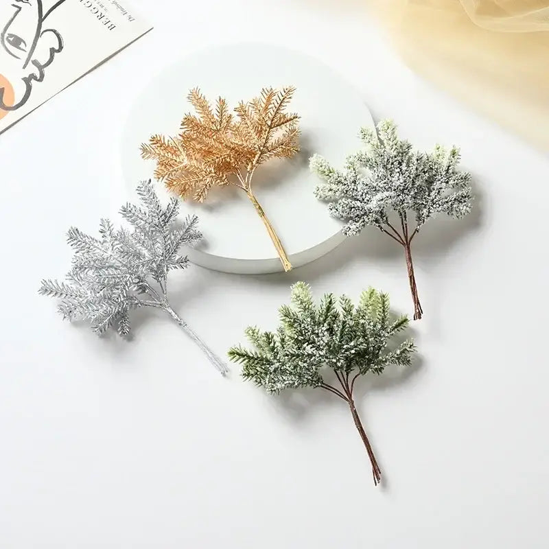 DecorBites™ artificial pine needles in gold silver and green with frosted tips for home decor and Christmas garlands