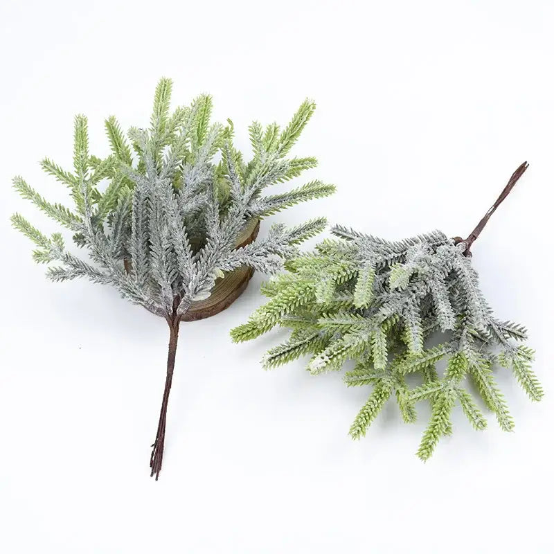 DecorBites artificial pine plants with frosted faux evergreen branches and brown stems for home wedding and wreath decor
