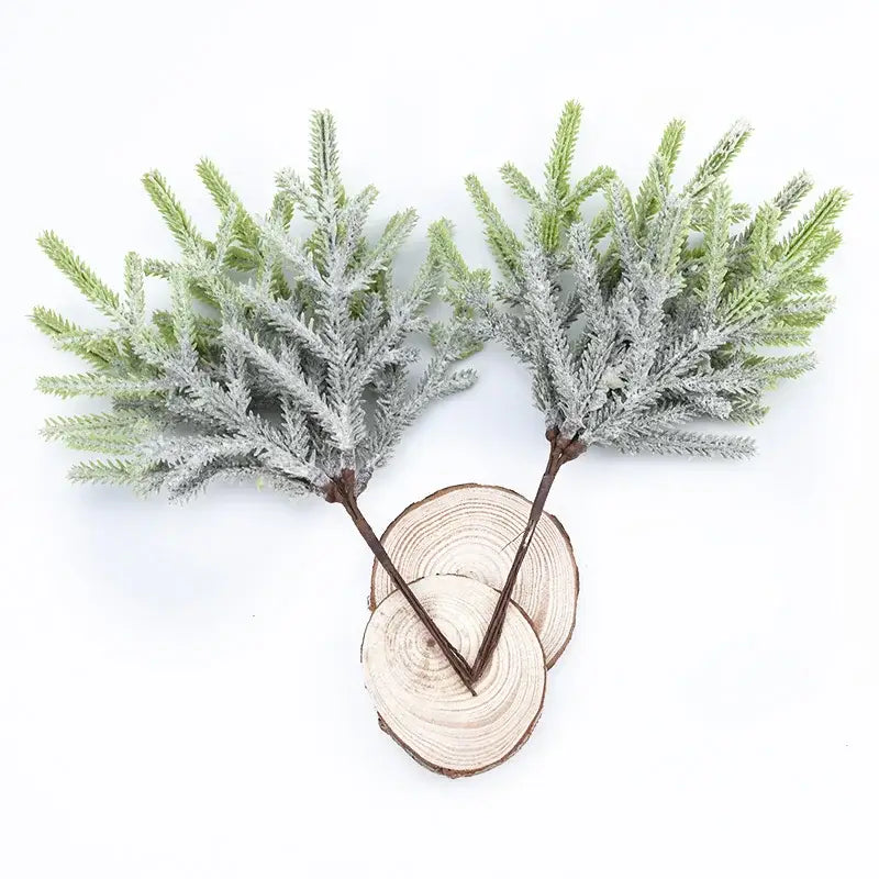 Frosty green decorbites artificial pine plants with snow-dusted tips and dark brown stems for home wreath decoration
