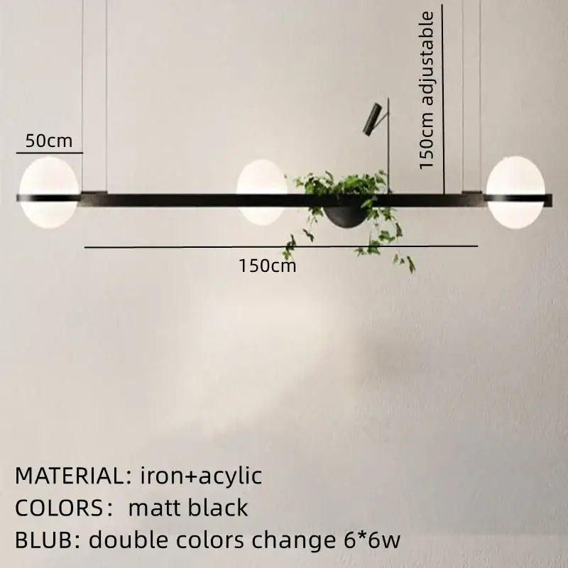 Matte black iron and acrylic pendant light with two spherical bulbs and central plant holder by decorbites artificial plant pendant