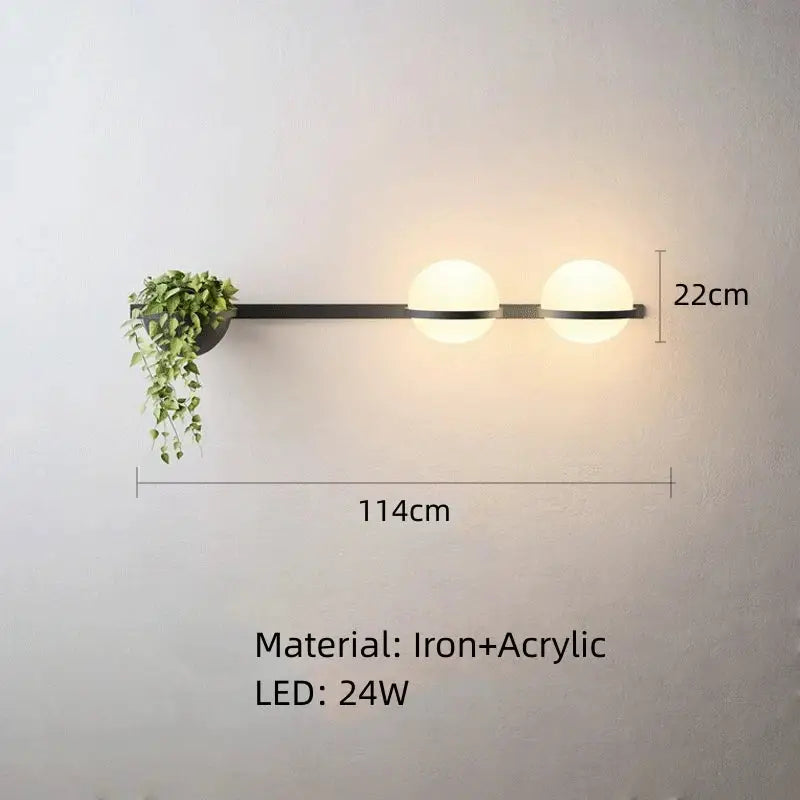 Modern black iron and acrylic DecorBites artificial plant pendant light with two frosted glass shades and plant holder