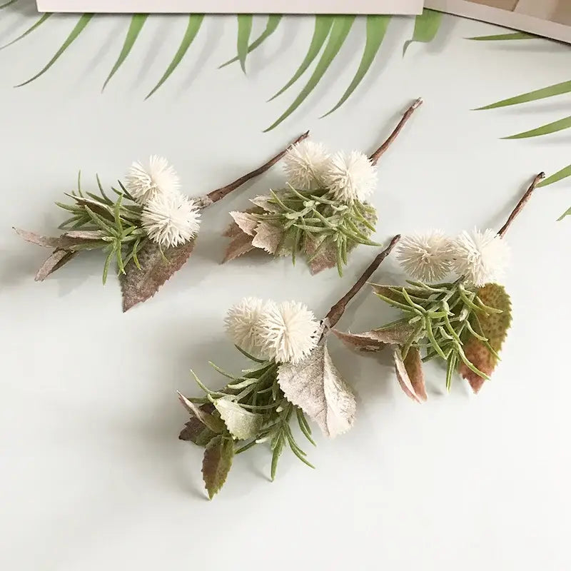 Decorbites artificial plant simulation bouquet with white fluffy flowers and green brown leaves for wedding decor