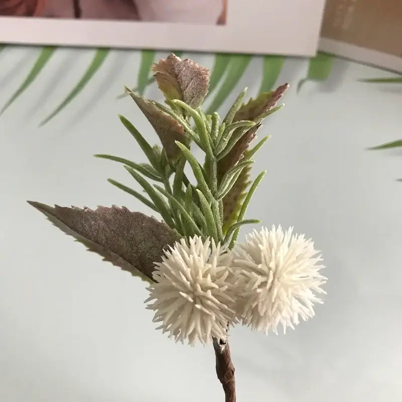 Decorbites artificial plant simulation bouquet with white pom-pom blooms and green leaves for wedding decor