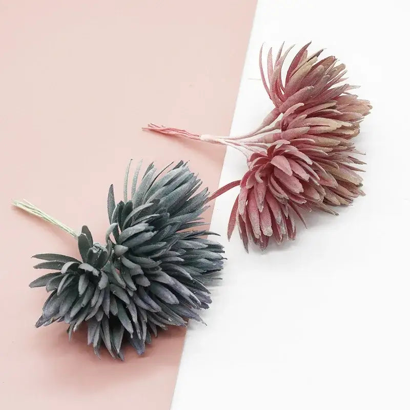 Two decorbites artificial plant fake flowers with muted gray and dusty rose spiky leaves for christmas decor and home interior