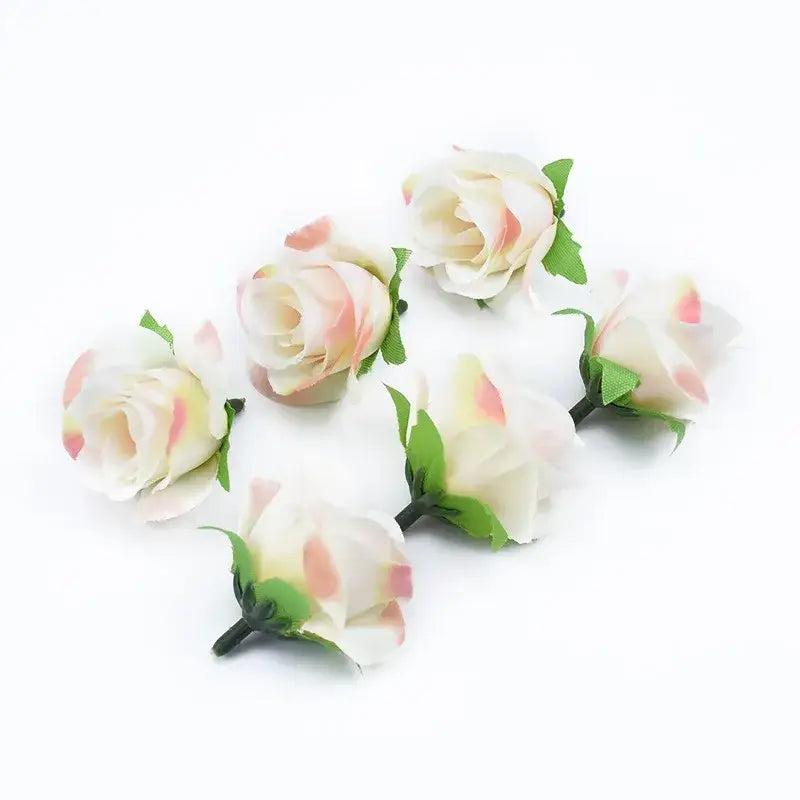 DecorBites™ artificial plants decorative flowers brooch with delicate white and pink synthetic fabric petals and green leaves