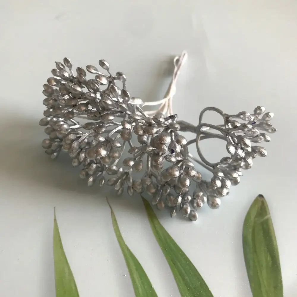 Silver metallic floral hair accessory with delicate leaves and buds for decorbites artificial plants diy dried plants craft