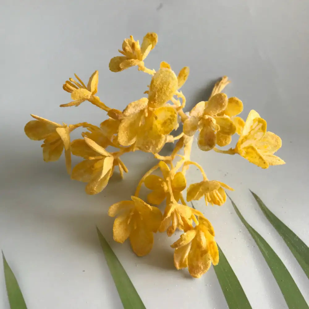 A cluster of artificial yellow flowers with delicate textured petals from decorbites artificial plants green grass home decor