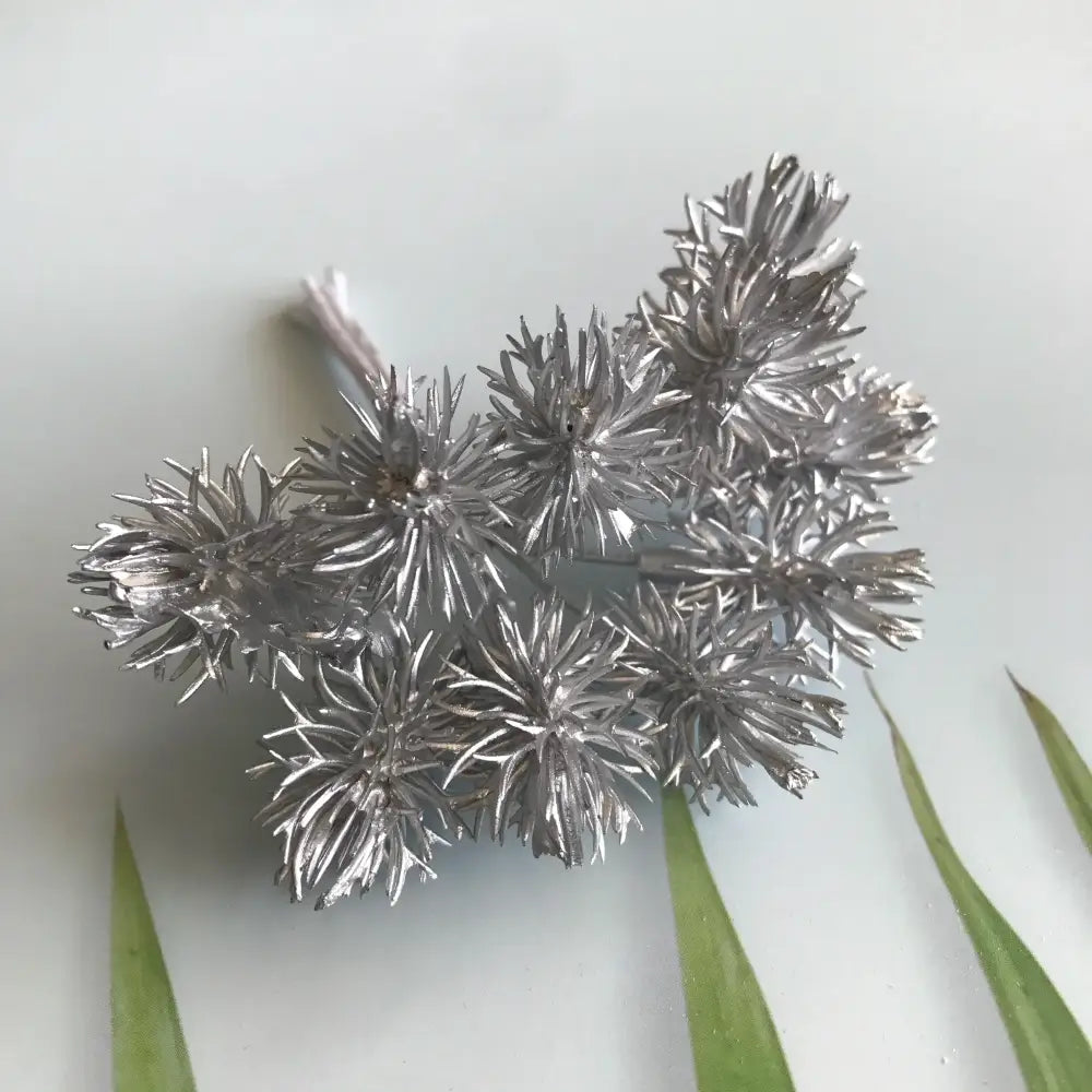 Silver metallic artificial flower cluster with spiky petals from decorbites artificial plants wedding and home decor set