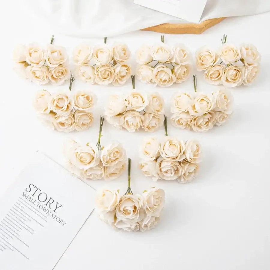 Beige decorbites artificial rose bouquet with delicate layered petals and green stems for home decor and weddings