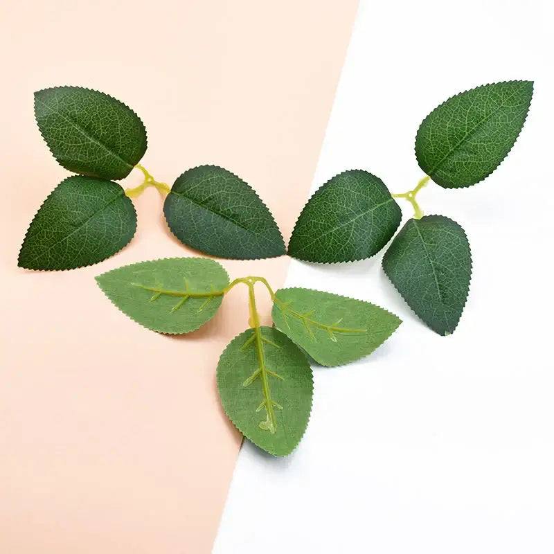 Artificial green leaf cluster with detailed vein patterns and light yellow stem for silk greenery wreaths decor