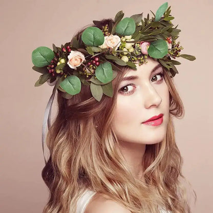 A delicate decorbites artificial roses floral crown with eucalyptus leaves, blush roses, and red berries for home wedding christmas decor
