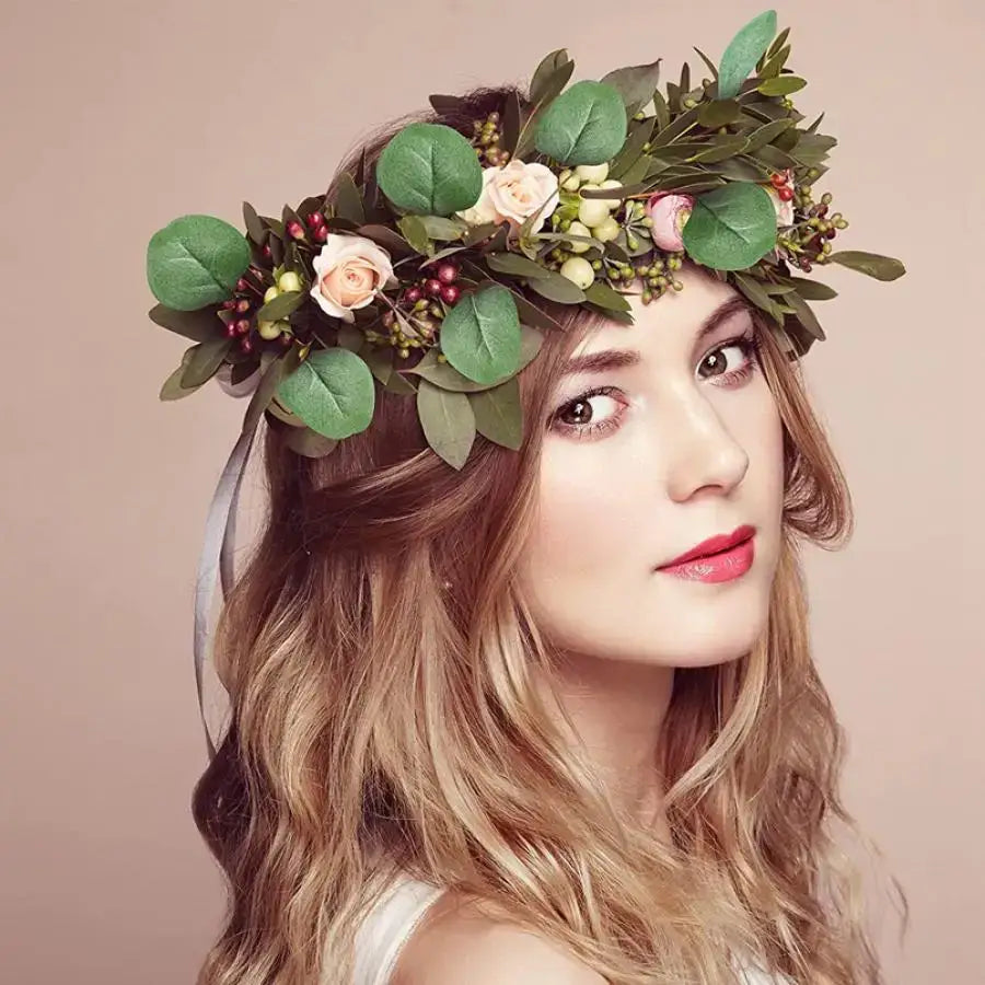 A delicate decorbites artificial roses floral crown with eucalyptus leaves, blush roses, and red berries for home wedding christmas decor