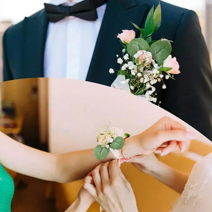 A delicate wrist corsage of decorbites artificial roses with eucalyptus for home wedding christmas decor use