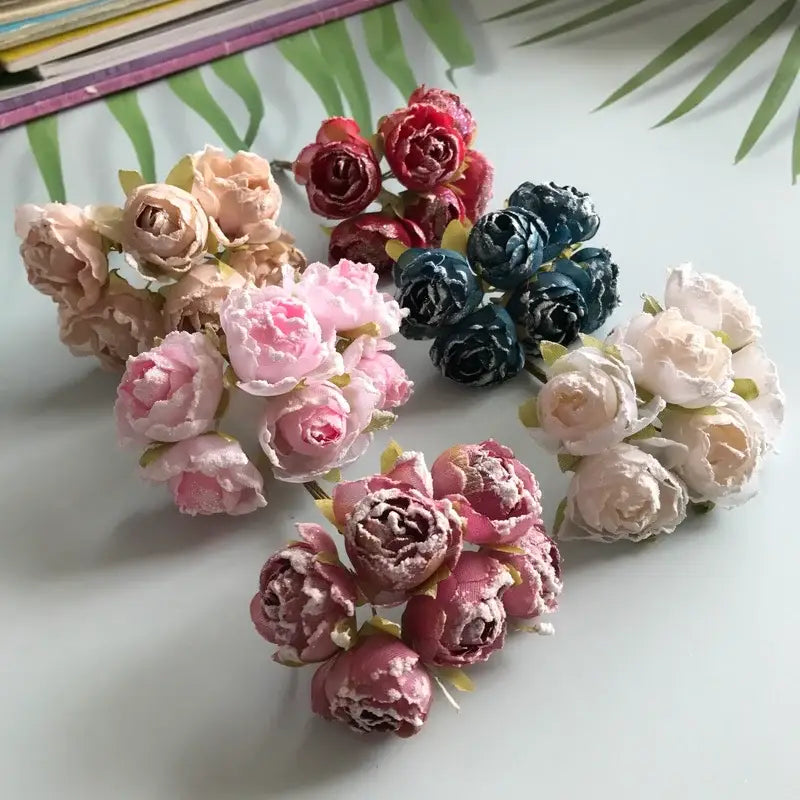 Decorbites artificial roses bridal bouquet featuring pastel pink peach cream and deep blue artificial peony flowers