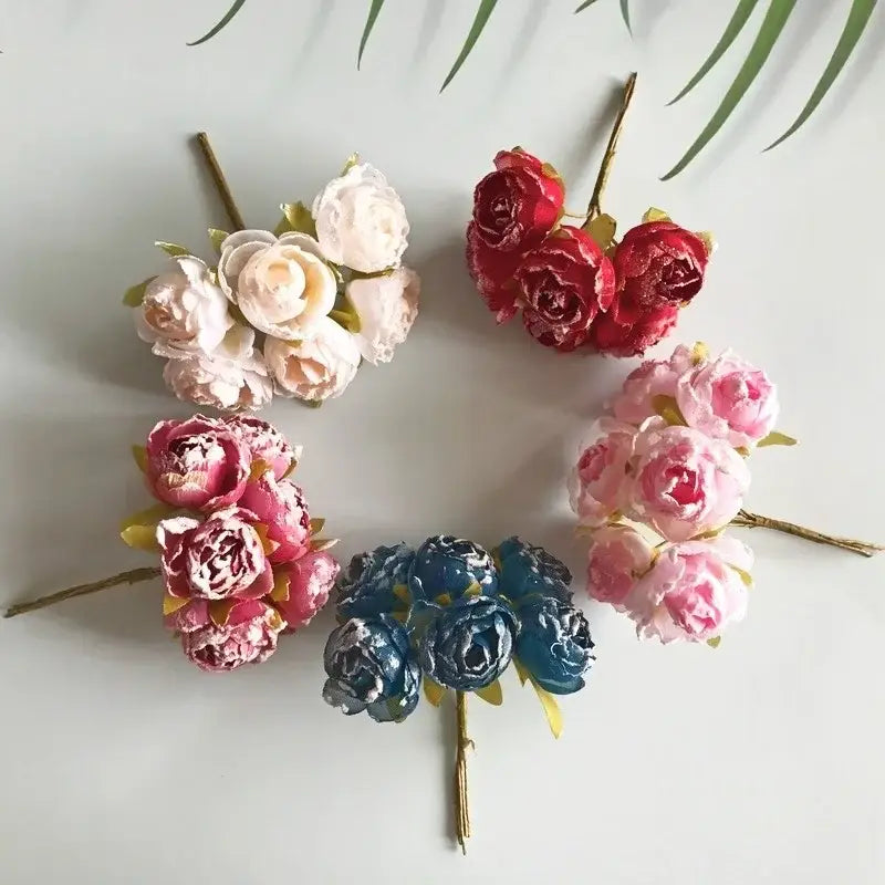 DecorBites artificial roses bridal bouquet with cream red pink and blue peony clusters and gold tipped stems for weddings