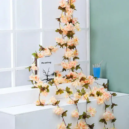 Decorbites artificial sakura peach-colored artificial sakura flowers vine with green leaves for wedding garden decoration