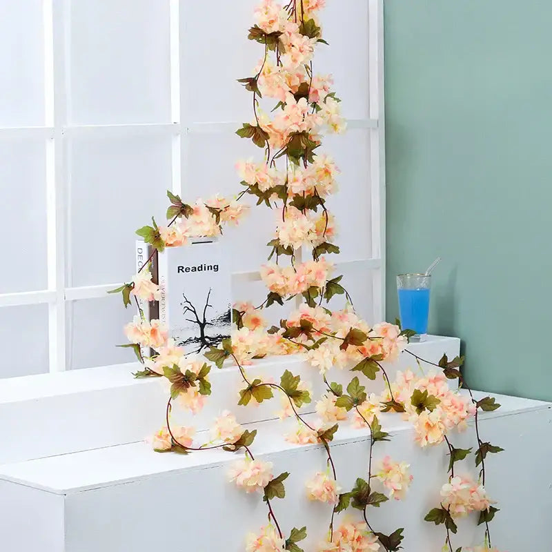 Decorbites artificial sakura peach-colored artificial sakura flowers vine with green leaves for wedding garden decoration