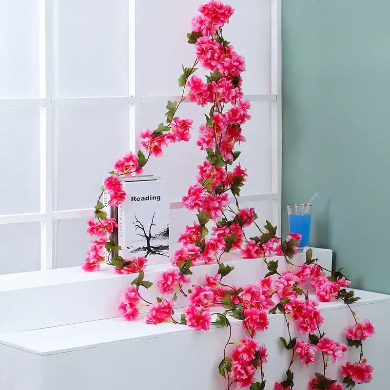 DecorBites artificial sakura vibrant pink flowers vine with green leaves for wedding garden rose arch decoration