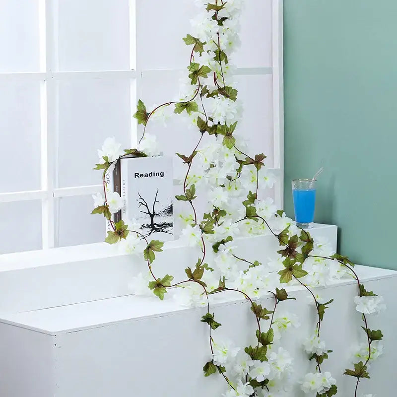 Decorbites artificial sakura delicate white artificial sakura flowers vine with green leaves for indoor outdoor decoration