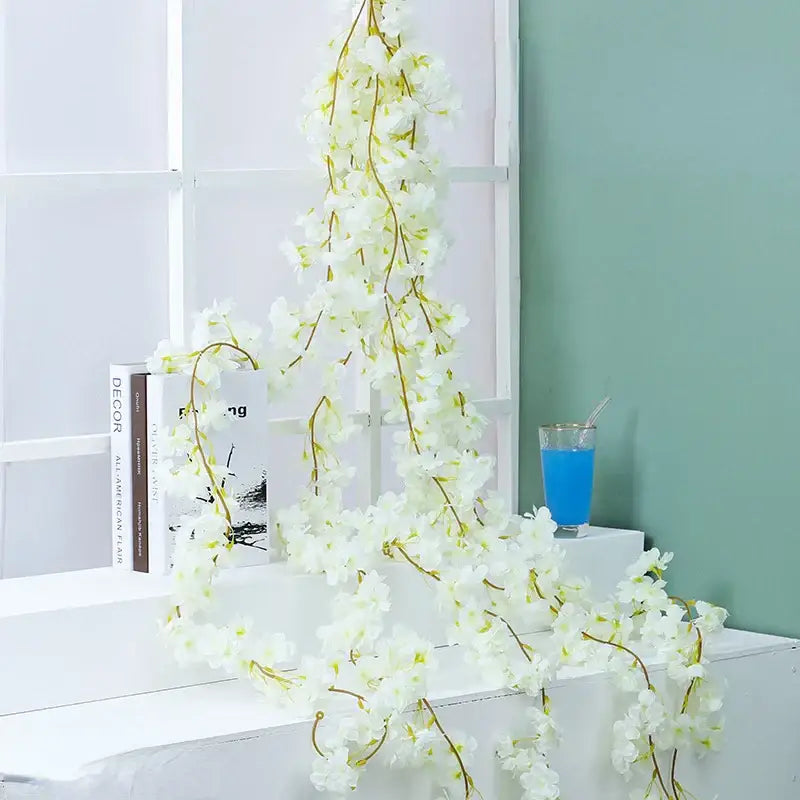 DecorBites artificial sakura delicate white sakura flowers vine with slender brown stems for wedding garden decoration