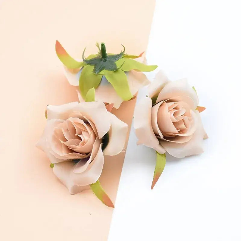 Beige decorbites artificial silk roses with green stems and leaves made from fabric for wedding and home decor