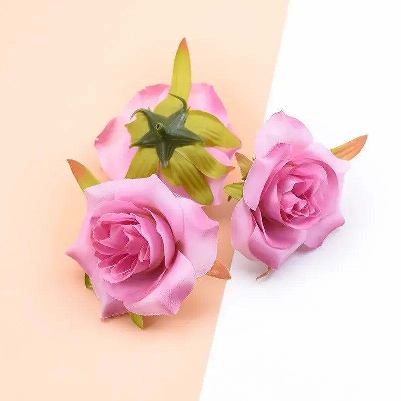 Three pink decorbites artificial silk roses with green stems and leaves for wedding home decor and diy wreaths