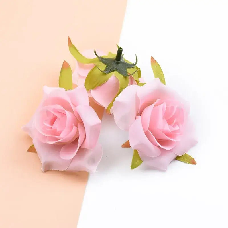 Decorbites artificial silk pink roses head set with green stems and leaves for wedding home decor and diy wreaths