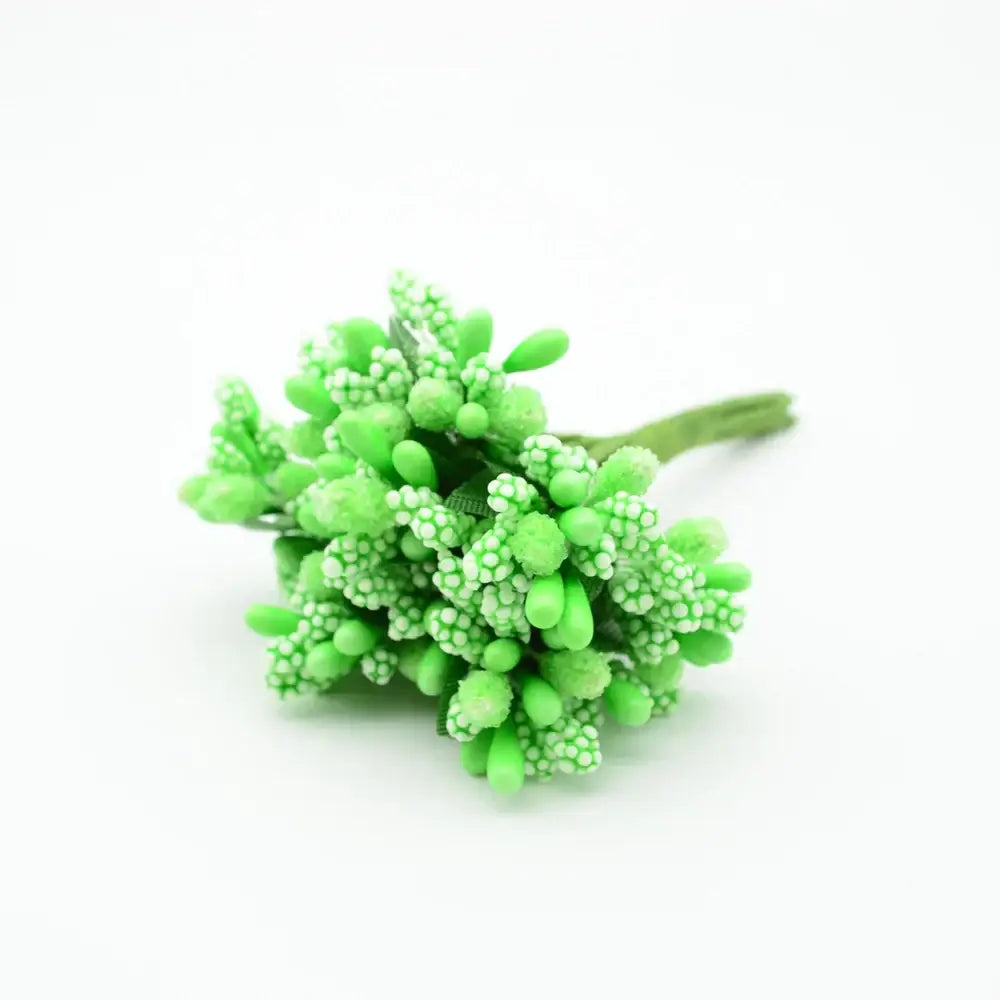 A vibrant lime green decorbites artificial stamen flower cluster with textured bead-like petals and slender stem for decor