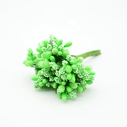 A vibrant lime green decorbites artificial stamen flower cluster with textured bead-like petals and slender stem for decor