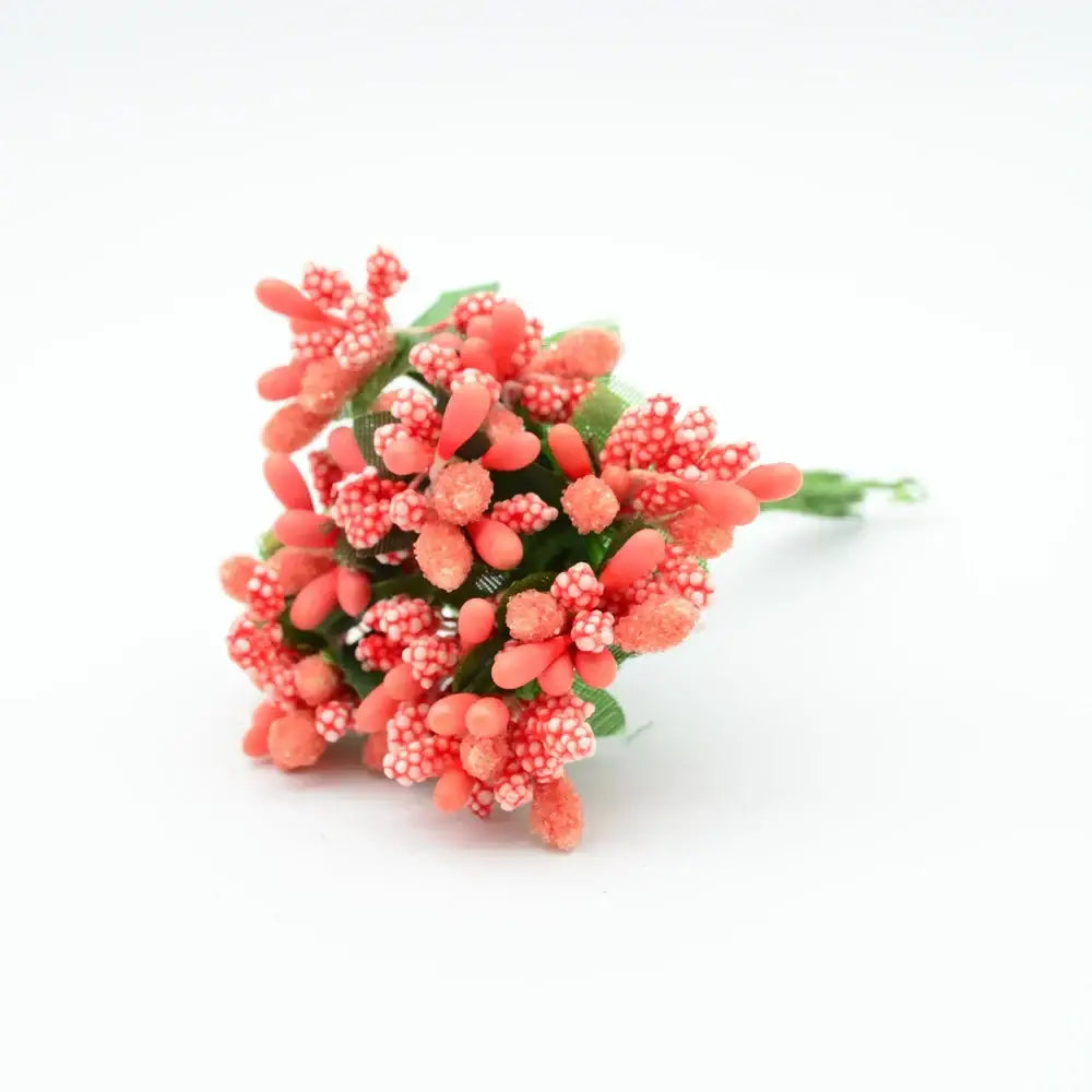 A cluster of coral-pink textured decorbites artificial stamen flowers with green stems for home wedding diy decor