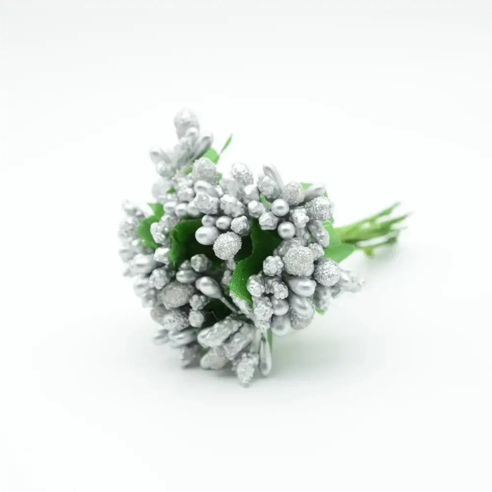 A delicate silver glittery decorbites artificial stamen flower bouquet with green leaves for home wedding decor
