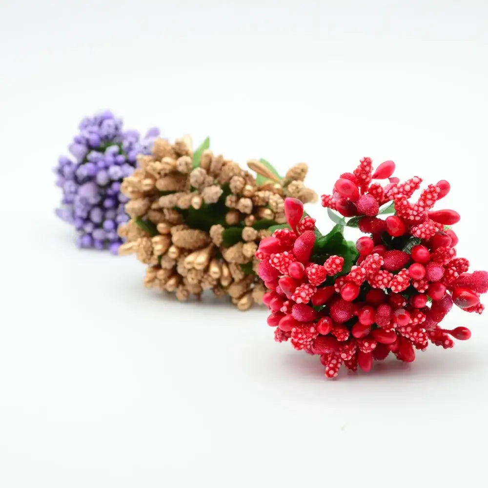 DecorBites artificial stamen flowers with vibrant red purple and beige textured petals and green stems for home wedding decor