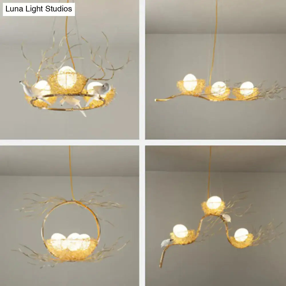 Decorbites artistic 3-light beige nest and egg island pendant chandelier with gold-toned branch bird design and cream glass shade 220v-240v