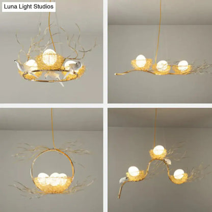 DecorBites Artistic 3-light beige nest and egg island pendant with golden bird’s nest, ceramic eggs, sculpted birds, 220v-240v art deco branch bird design