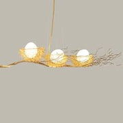 Decorbites artistic 3-light beige nest and egg island pendant with gold-toned wire nests and cream glass shades 220v-240v