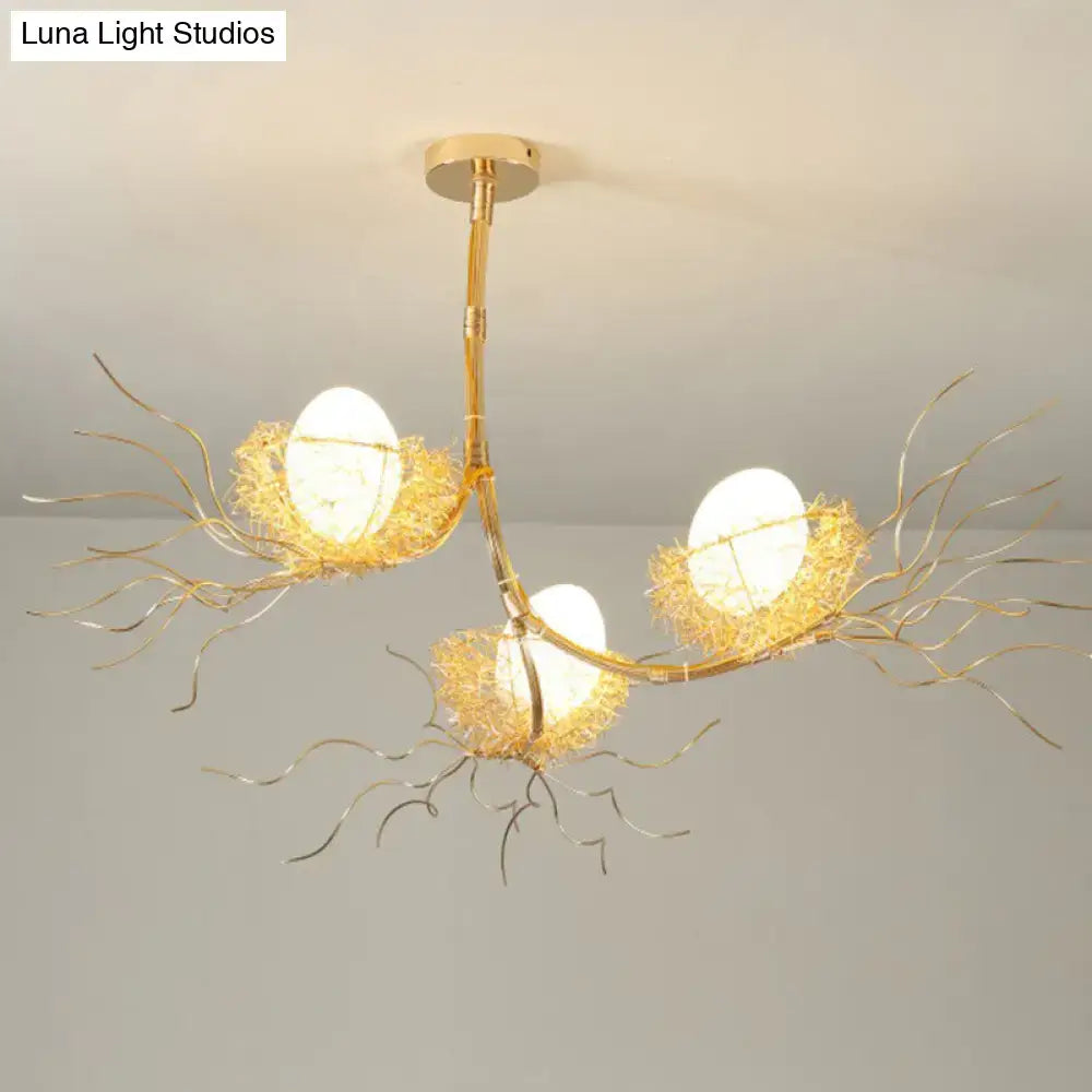 DecorBites™ artistic 3-light beige nest and egg island pendant with cream glass shade and branch bird design 110v-120v