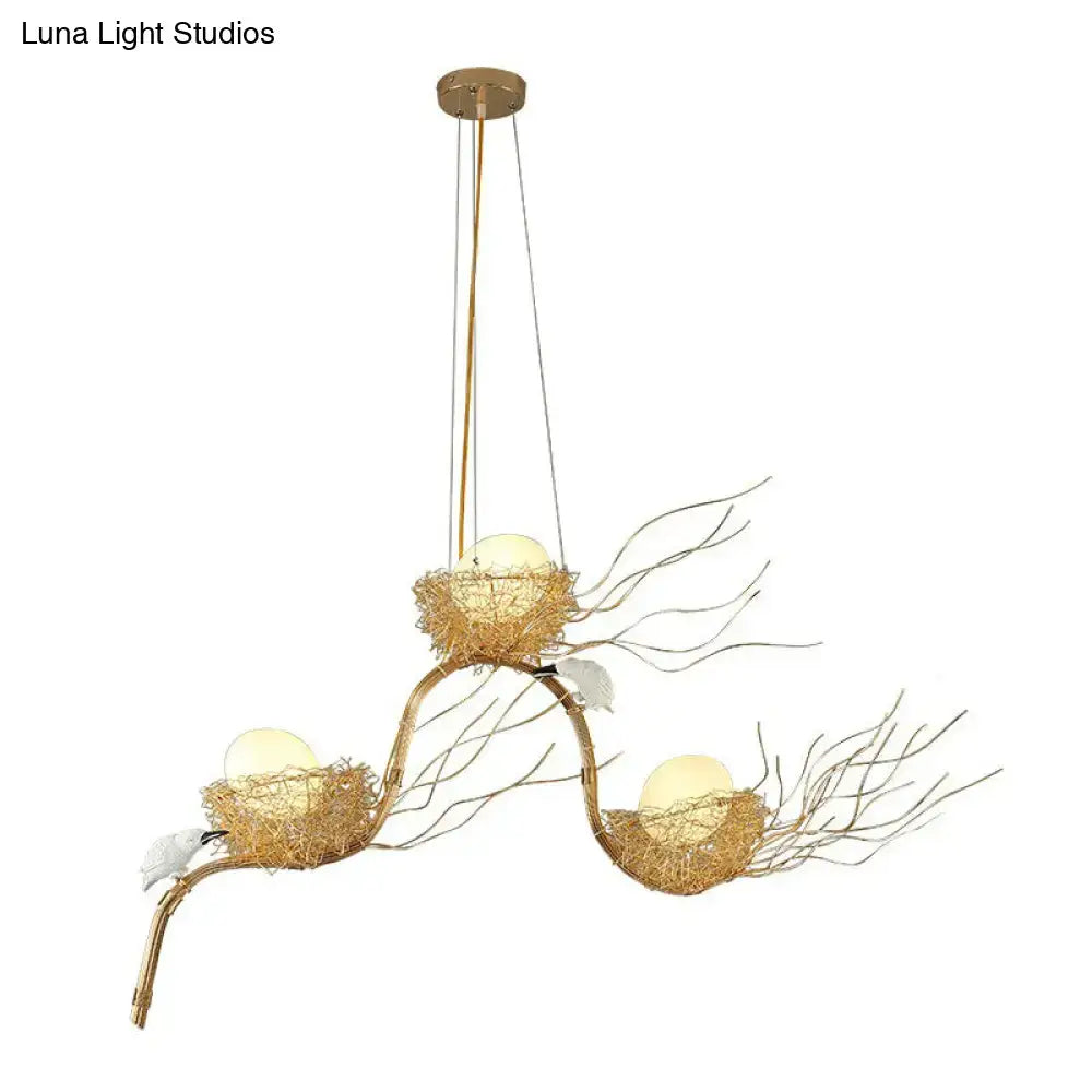 DecorBites™ artistic beige 3-light nest island pendant with woven twig nests, branch bird accents, cream glass shades 220v-240v