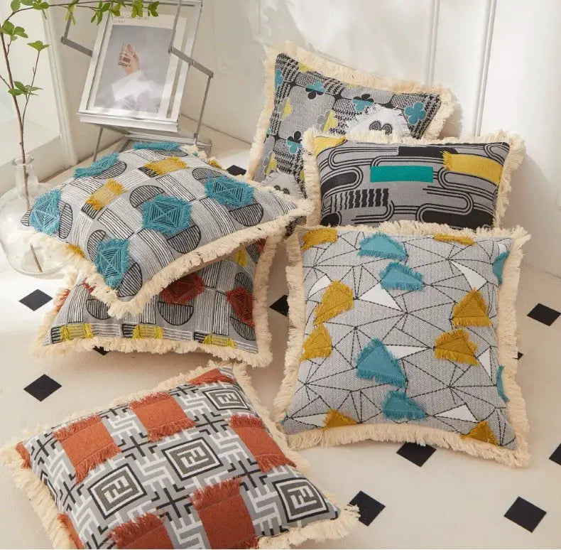 A collection of decorbites artistic 45x45 handmade cushion covers with geometric patterns and textured fringed edges