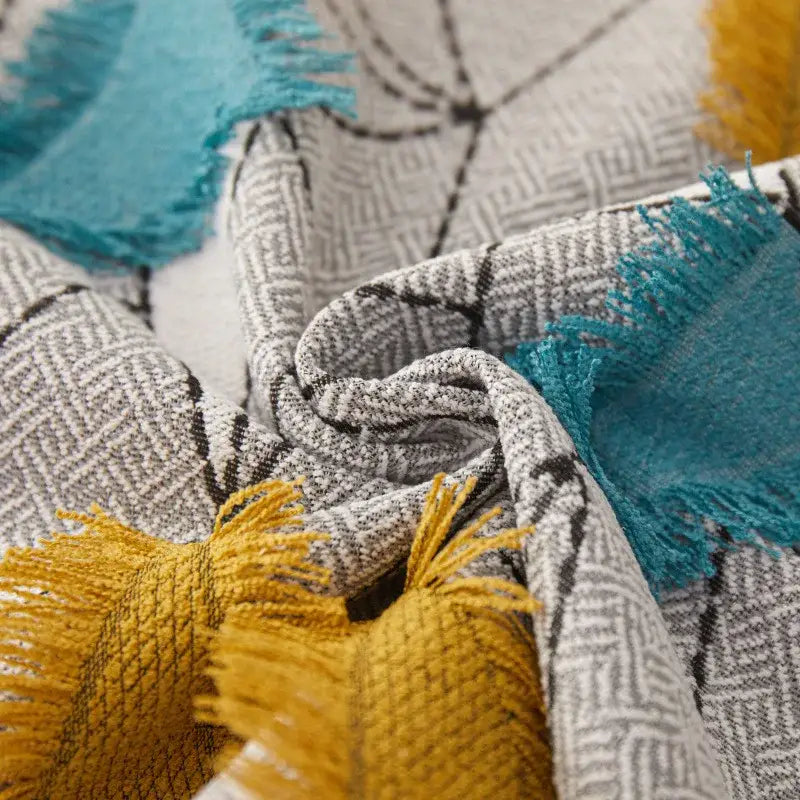 Cozy decorbites artistic 45x45 handmade cushion cover with textured gray black geometric pattern and turquoise mustard fringe