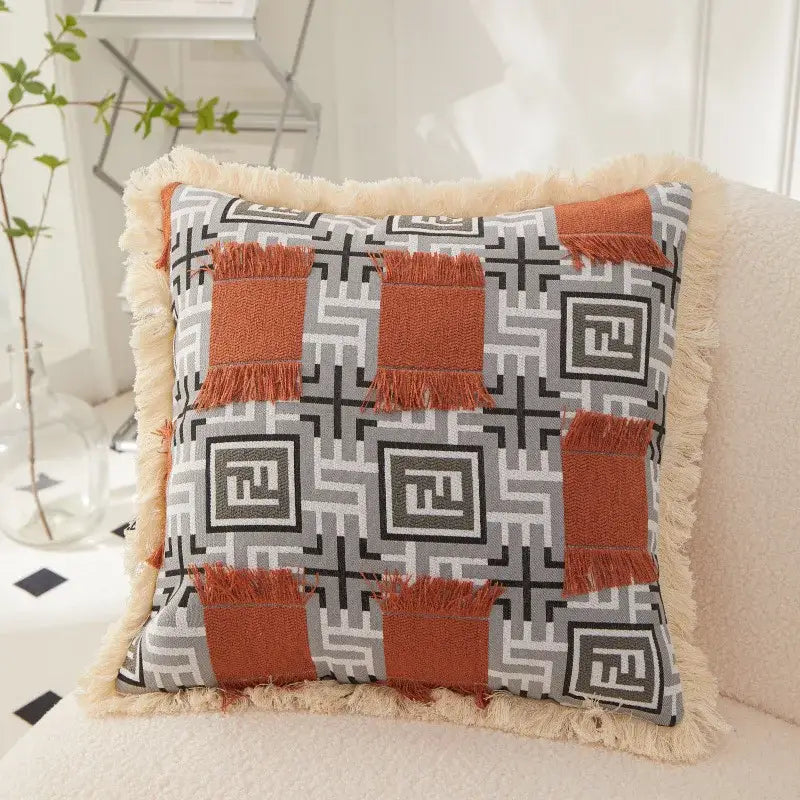 Square throw pillow with geometric gray black and terracotta pattern and fringed edges decorbites artistic 45x45 handmade cushion cover